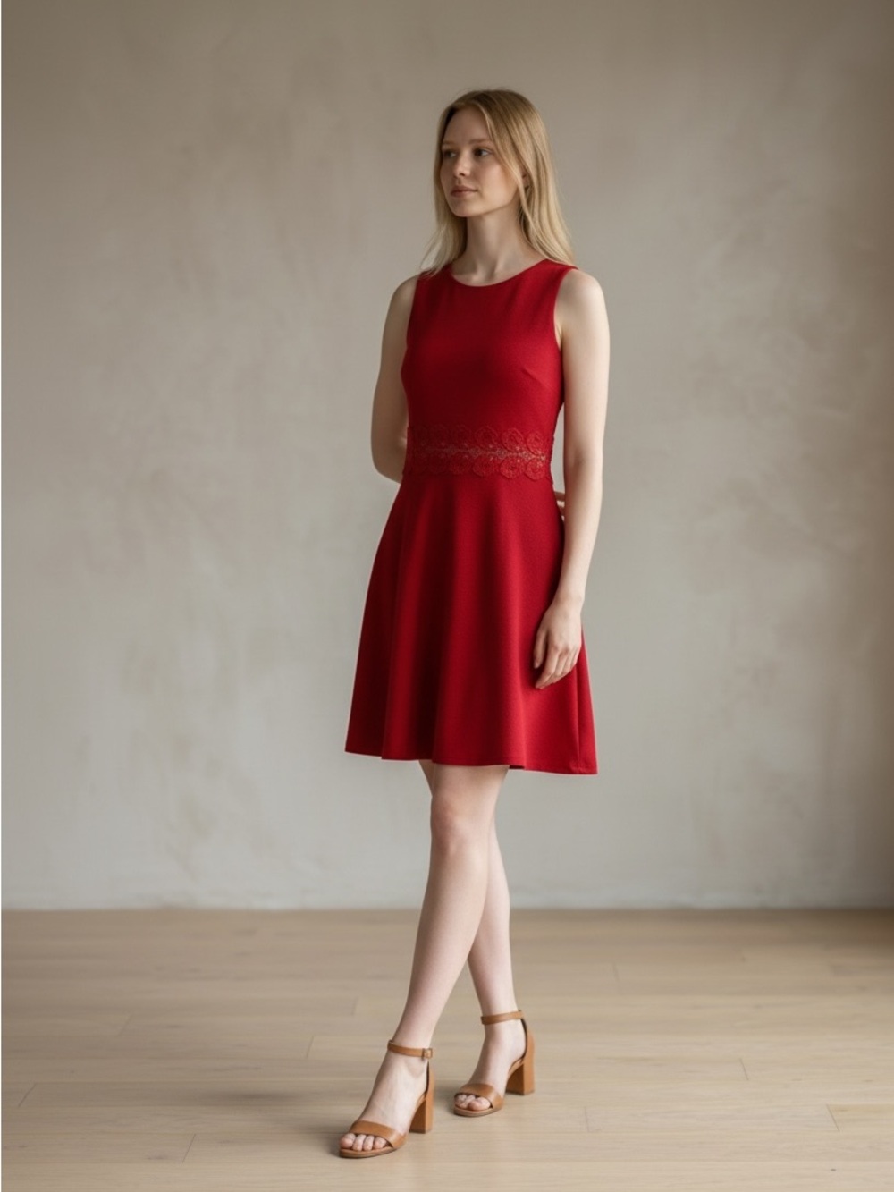 Red Sleeveless A-Line Dress with Waist Lace Detail